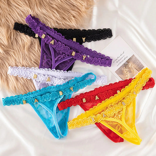 Metal Rhinestone Letter Thong For Women's Sexy Lace G-String Panties
