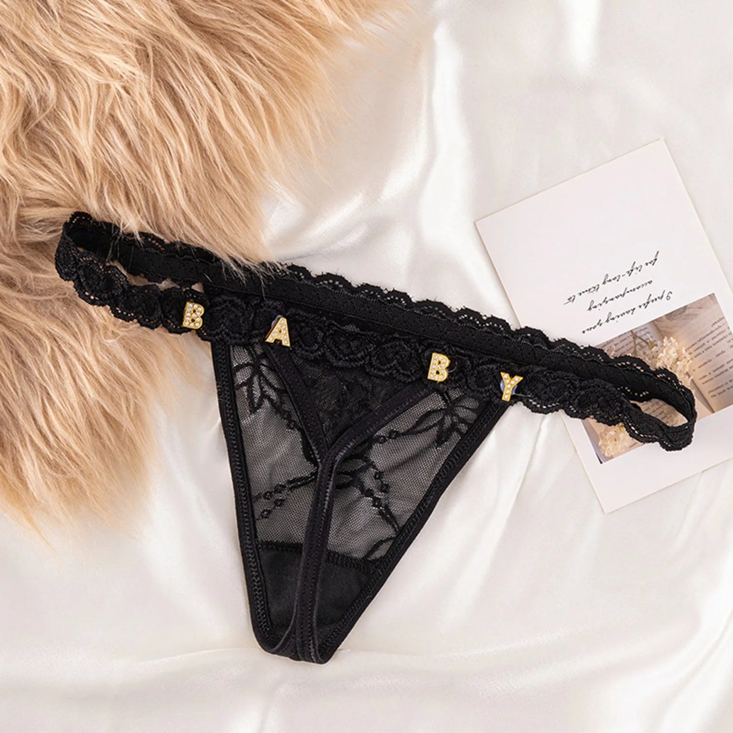 Metal Rhinestone Letter Thong For Women's Sexy Lace G-String Panties