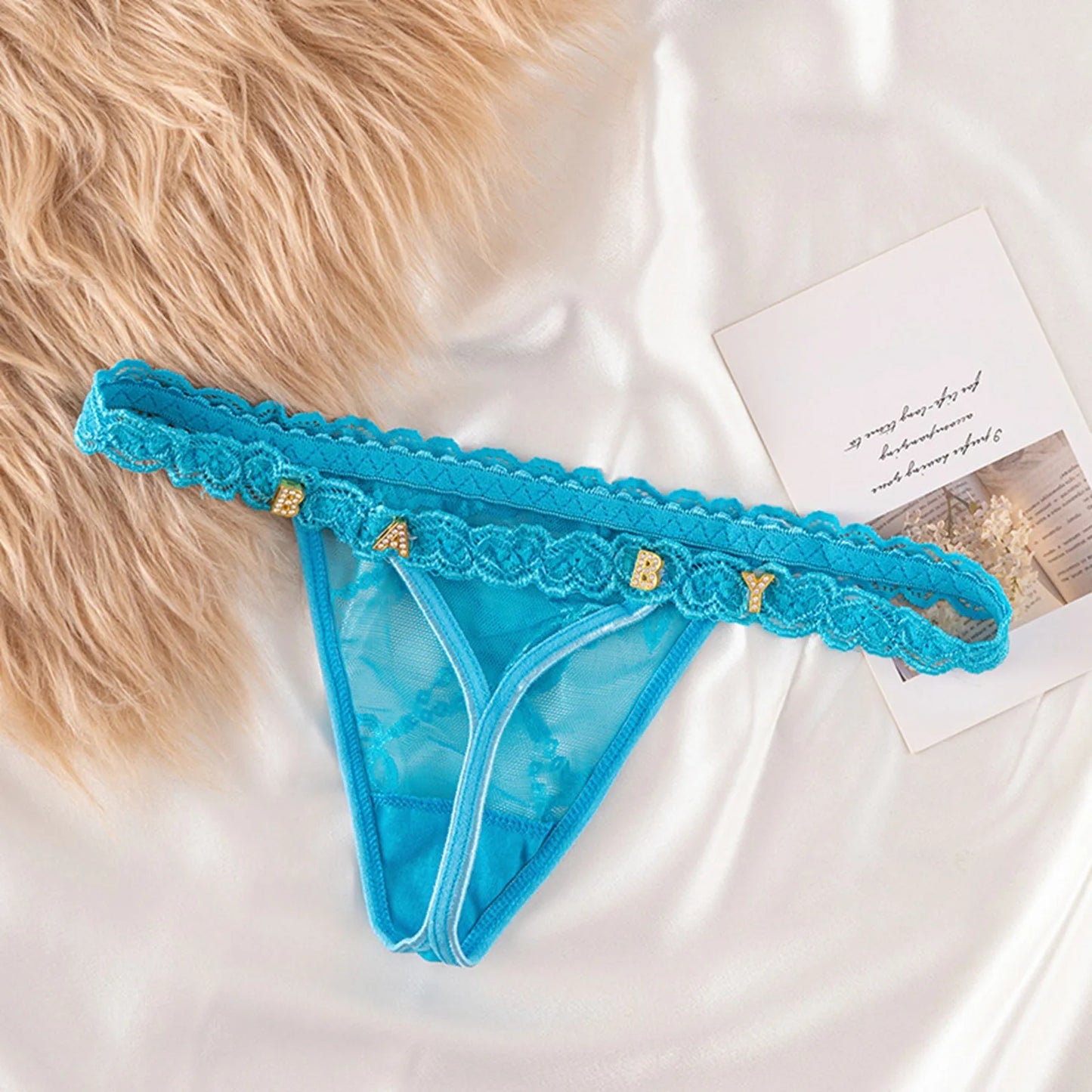 Metal Rhinestone Letter Thong For Women's Sexy Lace G-String Panties