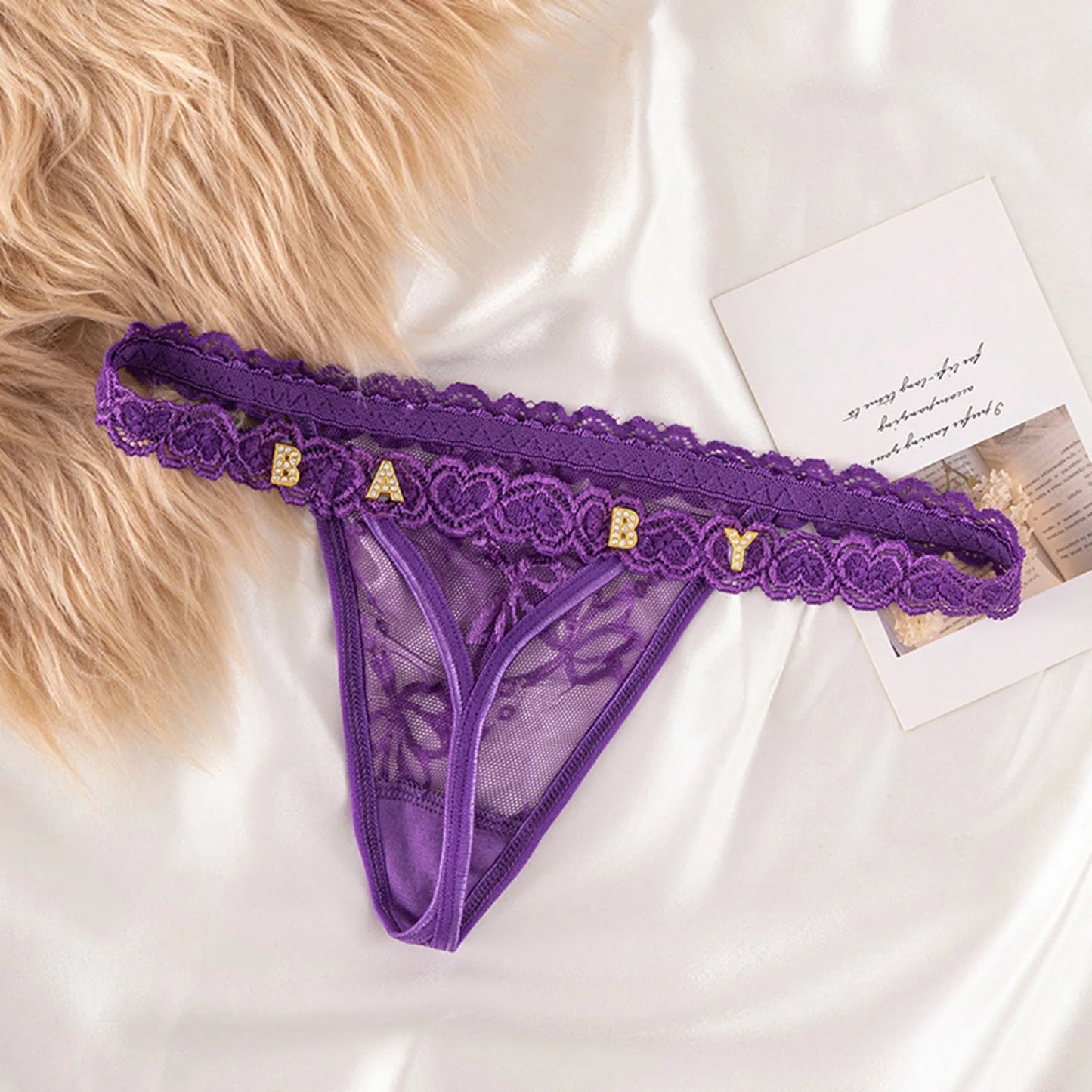 Metal Rhinestone Letter Thong For Women's Sexy Lace G-String Panties