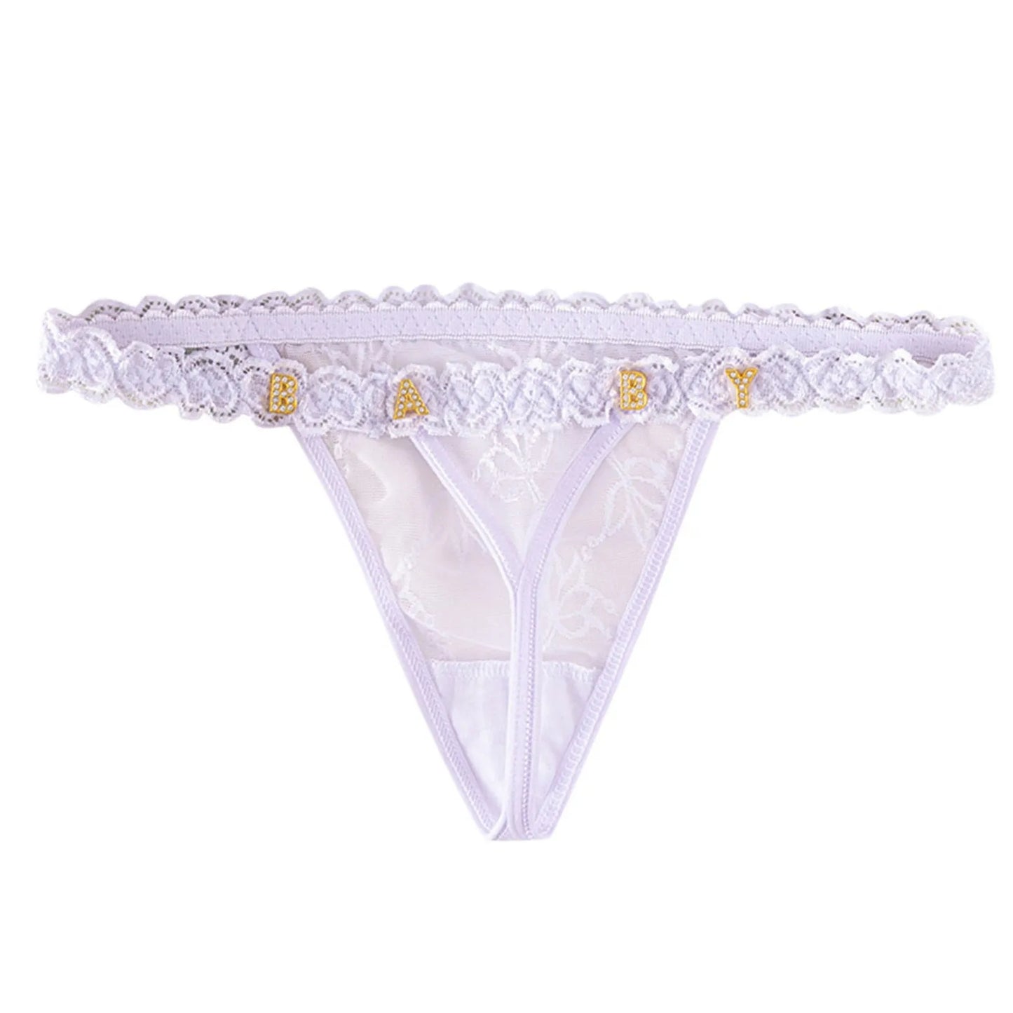 Metal Rhinestone Letter Thong For Women's Sexy Lace G-String Panties